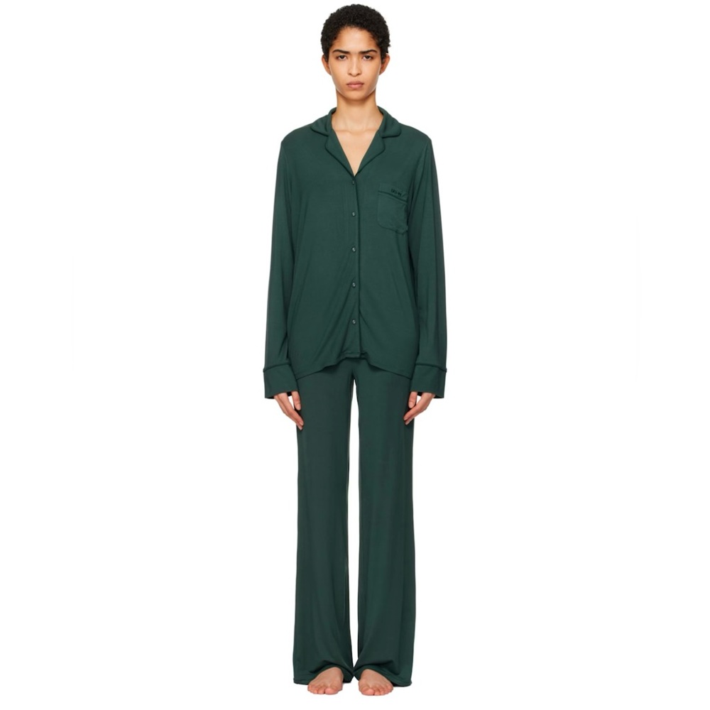 SKIMS SLEEP LONG SLEEVE BUTTON UP SET | SPRUCE - SPRUCE / XXS x 1